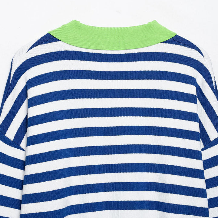 Damen Gestreifter Cropped‑Polo‑Pullover aus Feinstrick mit Ballonärmeln Drune
