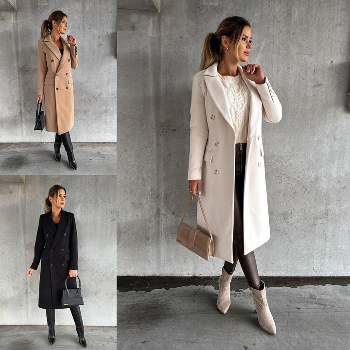 Damen Eleganter Doppelreiher-Mantel mit strukturiertem Stoff und taillierbarem Gürtel Drune