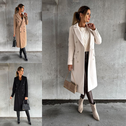 Damen Eleganter Doppelreiher-Mantel mit strukturiertem Stoff und taillierbarem Gürtel Drune
