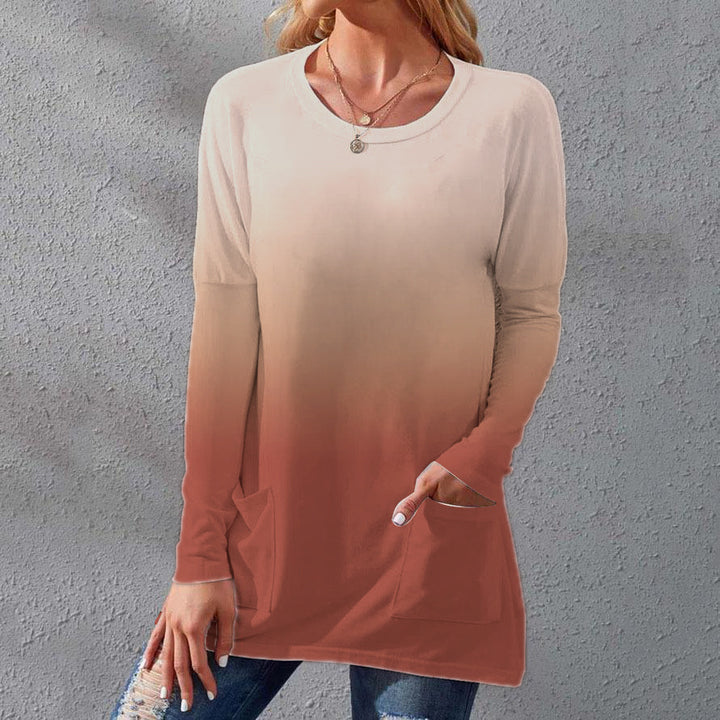 Damen Lange Ombre Tunika Bluse mit Rundhalsausschnitt und Eingrifftaschen Drune