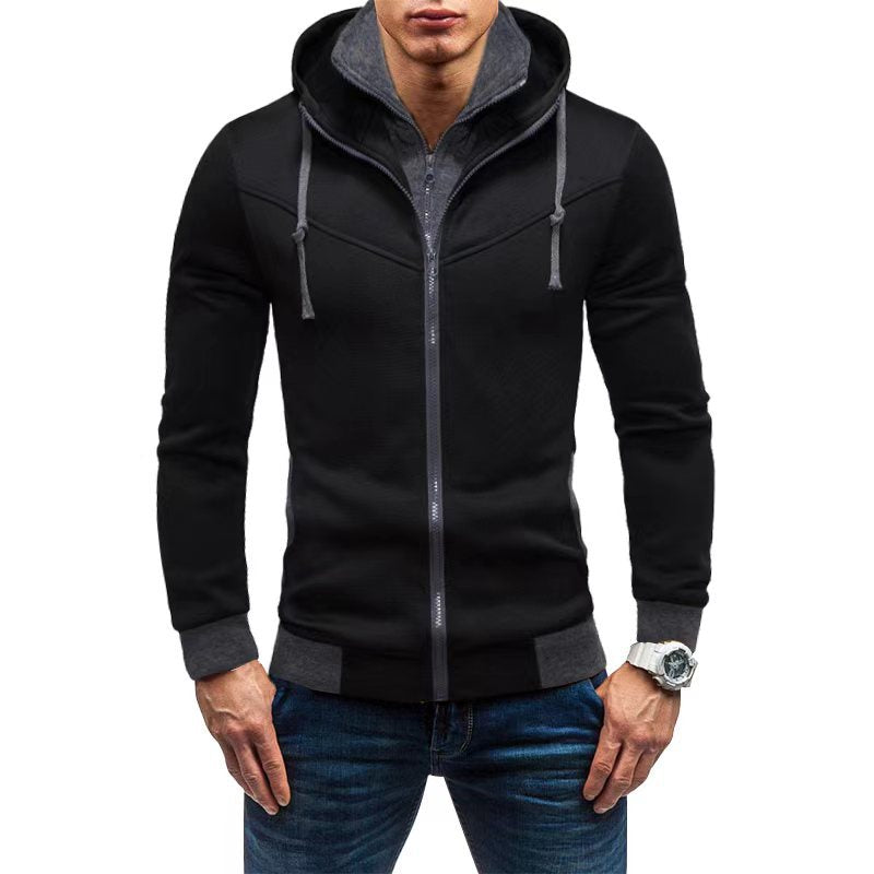 Herren Slim-Fit Kapuzenjacke mit verdecktem Reißverschluss-Doppelkragen und kontrastierten Bündchen Drune