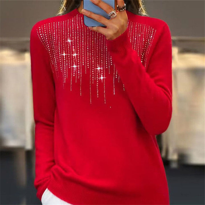 Damen nan kuscheliger Feinstrickpullover mit dezentem Strass-Einsatz am Rundhalsausschnitt und geripptem Saum Drune
