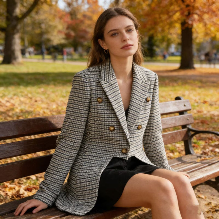 Damen Doppelreihiger Cropped-Blazer im Glencheck mit Rückenschlitz Drune