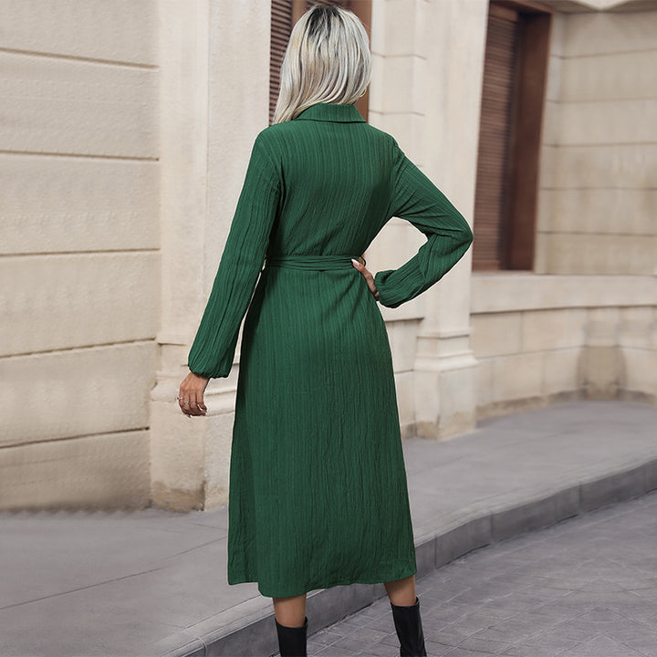 Damen Langarm Hemdblusenkleid mit Gürtel Drune