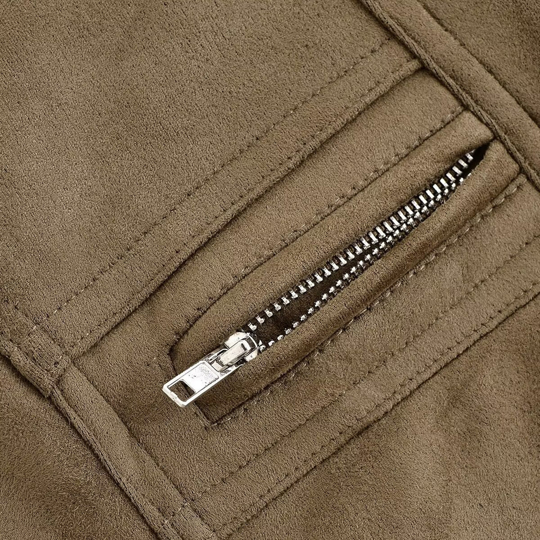 Damen modische Wildlederjacke mit tailliertem Schnitt und praktischen Taschen Drune