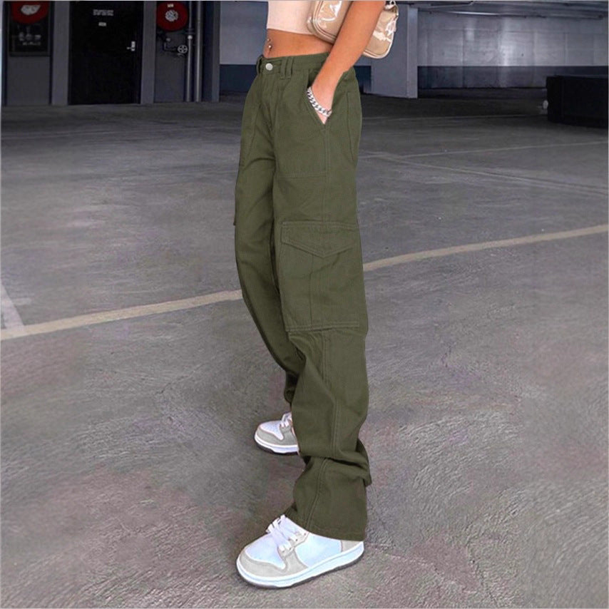 Damen weite Cargo-Hose mit hoher Taille, aufgesetzten Klappentaschen und legerer Baggy-Passform Drune