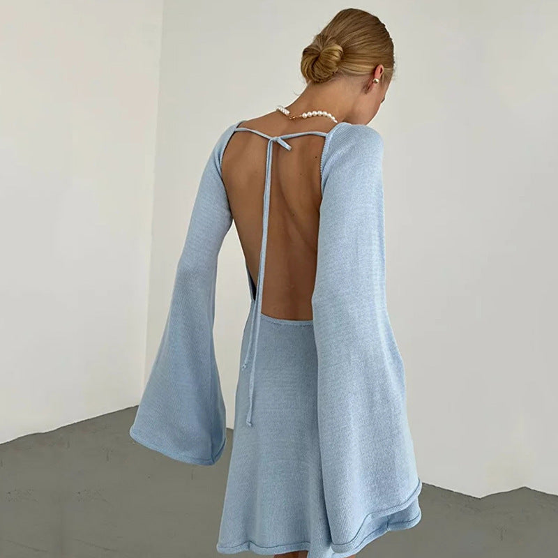 Damen Figurbetontes Feinstrick-Minikleid mit ausgestellten Trompetenärmeln Drune
