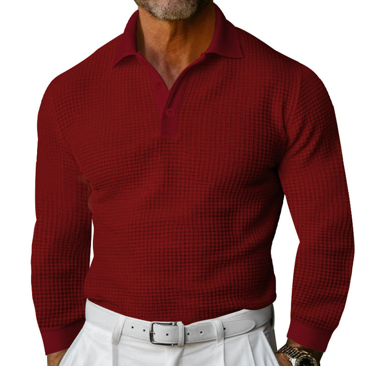 Herren Waffelstruktur-Poloshirt mit Langarm, Slim-Fit und Kentkragen Drune