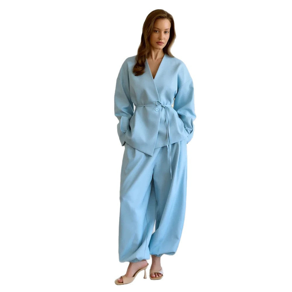 Damen Oversize-Blazeranzug mit Ein-Knopf-Blazer und weiter Bundfaltenhose Drune