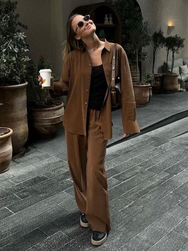 Damen elegantes Freizeitanzug-Set mit lockerer Bluse und weiten Hosen Drune