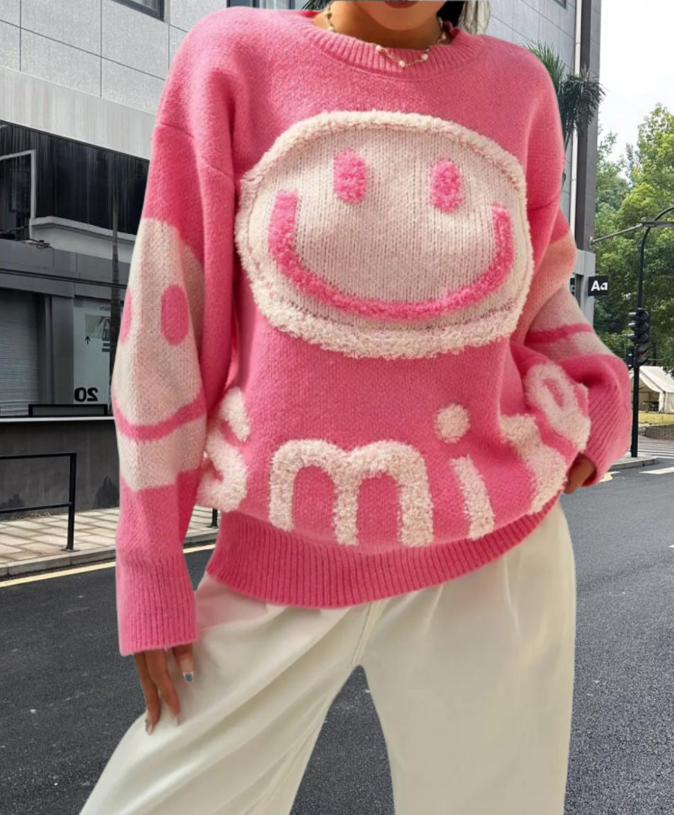 Damen Strickpullover mit fröhlichem Emoji-Motiv und komfortablem Schnitt Drune