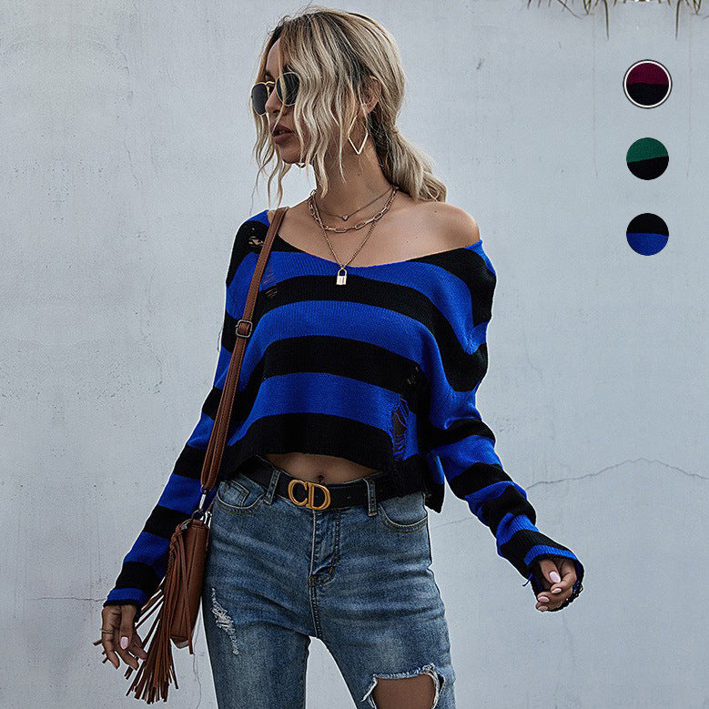 Damen Lässiger Crop-Pullover mit Streifen und Destroyed-Details Drune