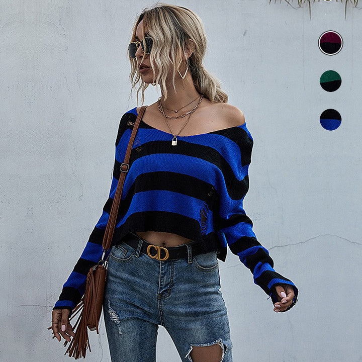 Damen Lässiger Crop-Pullover mit Streifen und Destroyed-Details Drune
