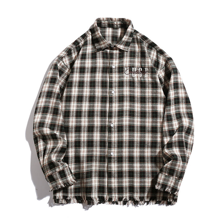 Unisex Overshirt im Karo-Look mit fransigem Saum, Bruststickerei und Knopfleiste Drune