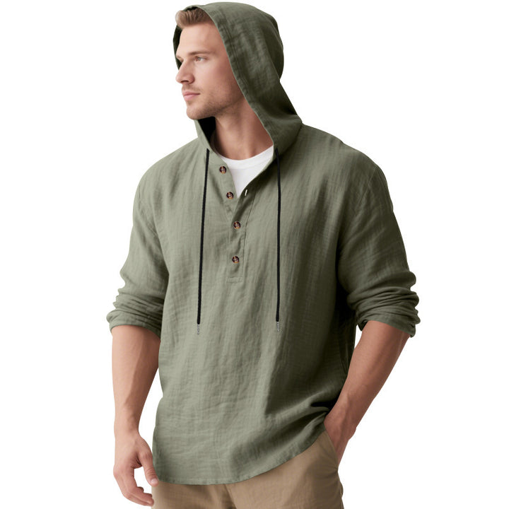 Herren nan lässiges Kapuzen-Henley Leinenmix Overshirt mit Kordelzug Drune