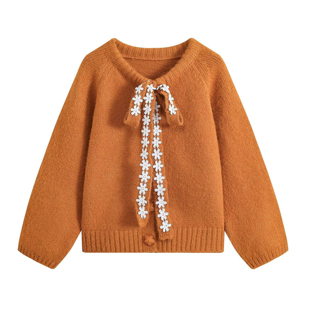 Damen Flauschige Strickjacke mit Spitzenband-Bindung Drune