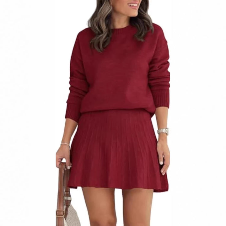 Damen Zweiteiliges Strick-Set mit Rundhals-Pullover und Plissée-Minirock Drune