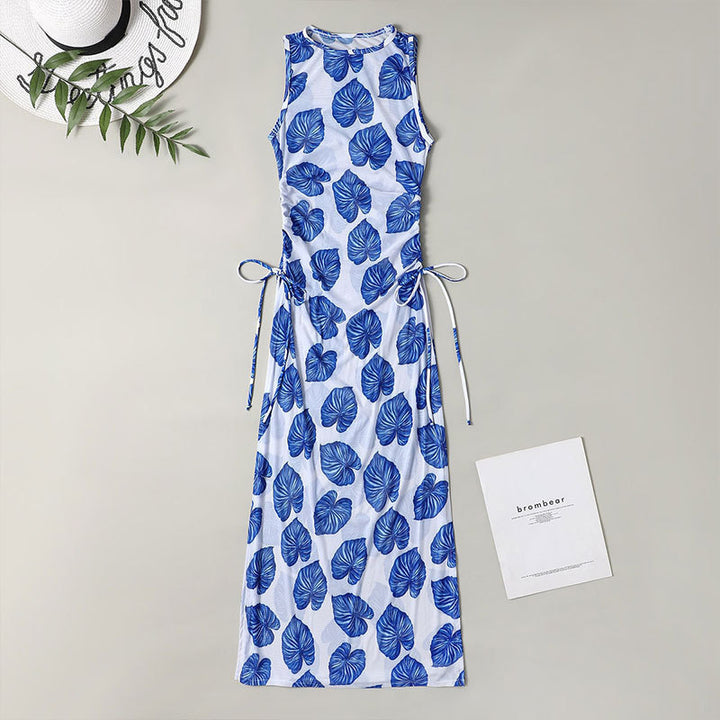 Damen Maxikleid mit modischem Blattmuster und seitlichem Bindegürtel Drune