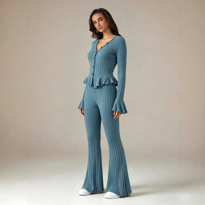 Damen feinstrukturiertes Rippstrick-Set mit tailliertem Knopfcardigan, Volant-Taillenpassform und ausgestellter Schlaghose Drune