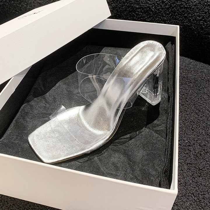 Damen Transparente PVC‑Mules mit klarem Blockabsatz und metallischem Fußbett Drune