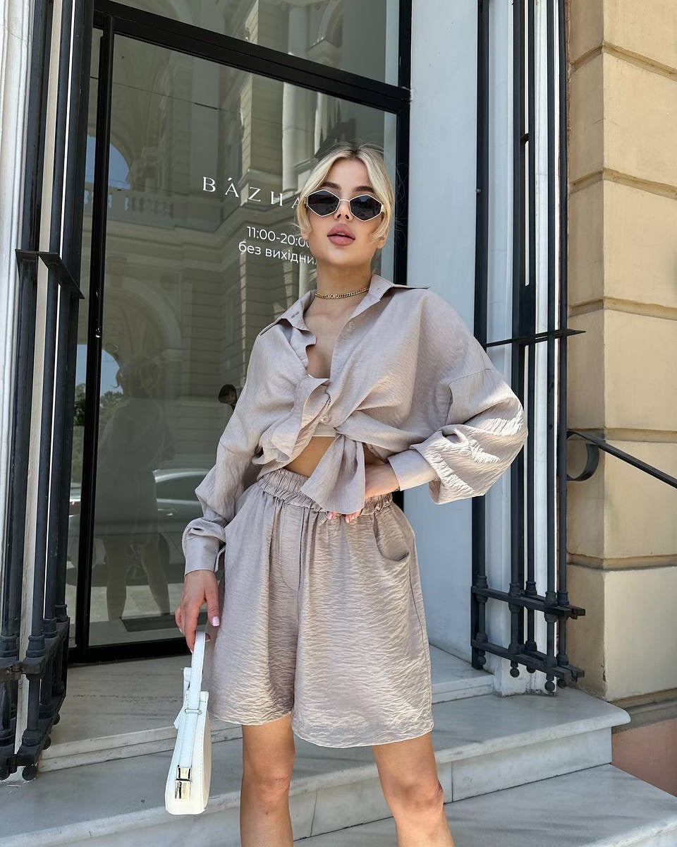 Damen Zweiteiliges texturiertes Loungewear‑Set mit Oversized‑Hemd und elastischer Taillen‑Shorts Drune