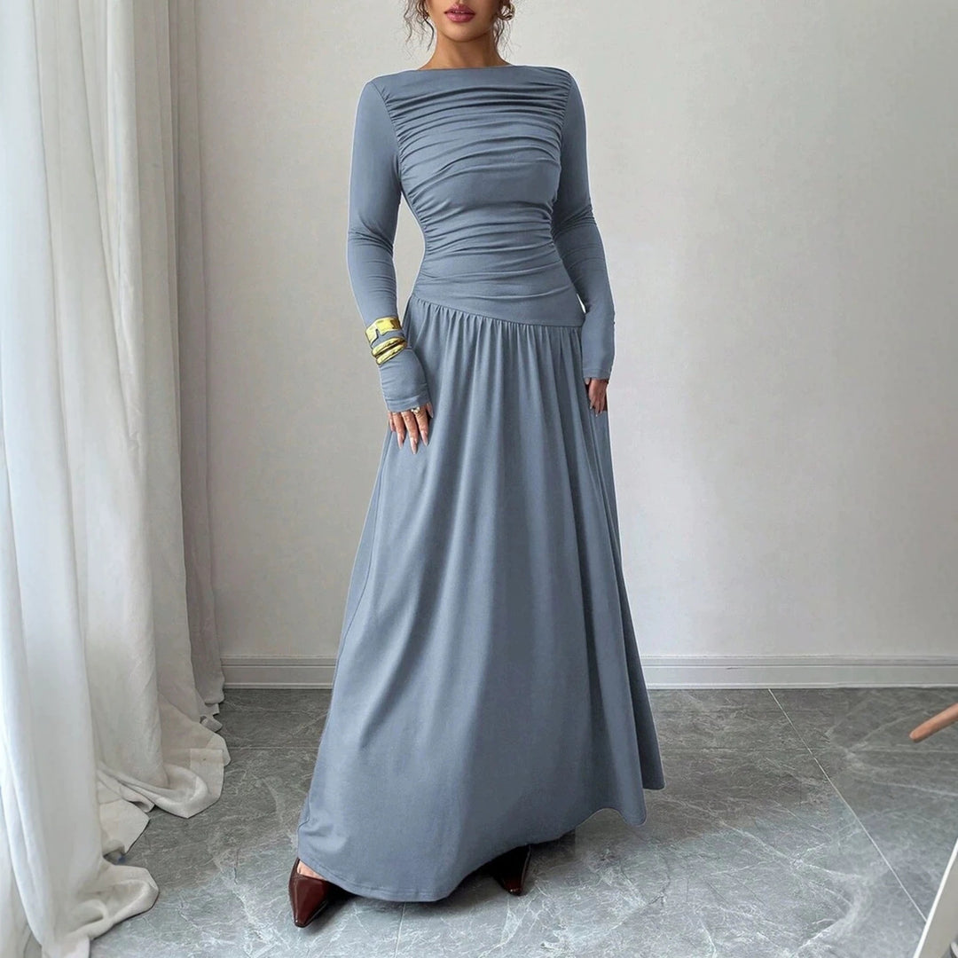 Damen Maxikleid mit gerafftem Oberteil, tailliertem Bund und Langarm Drune