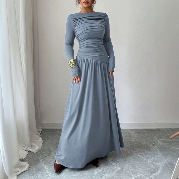 Damen Maxikleid mit gerafftem Oberteil, tailliertem Bund und Langarm Drune
