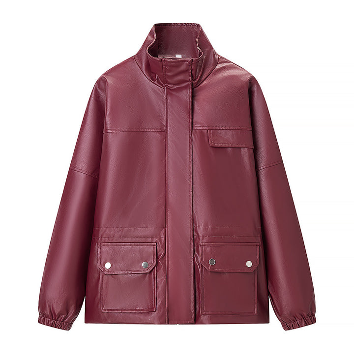 Damen Wasserabweisende Kunstleder-Utility-Jacke mit Stehkragen und aufgesetzten Pattentaschen Drune
