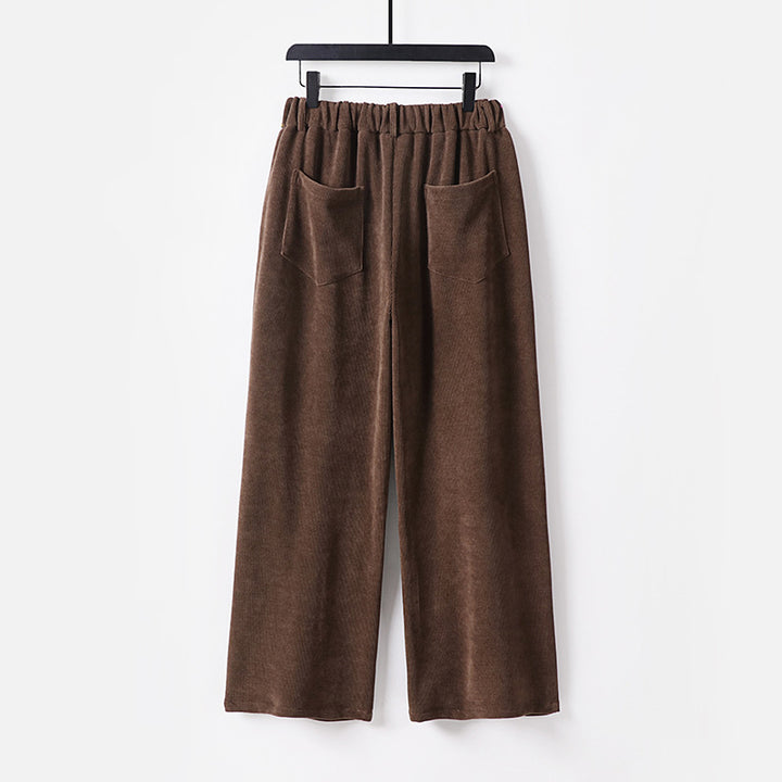 Damen Weite Cordhose mit hoher Taille, Bundfalten und Eingrifftaschen Drune