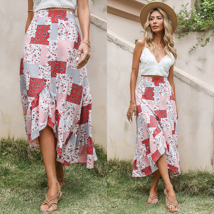 Damen Patchwork-Midirock mit Knopfleiste und asymmetrischem Volant Drune