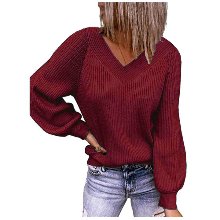 Damen Gerippter V‑Ausschnitt Pullover mit Ballonärmeln und lässiger Passform Drune