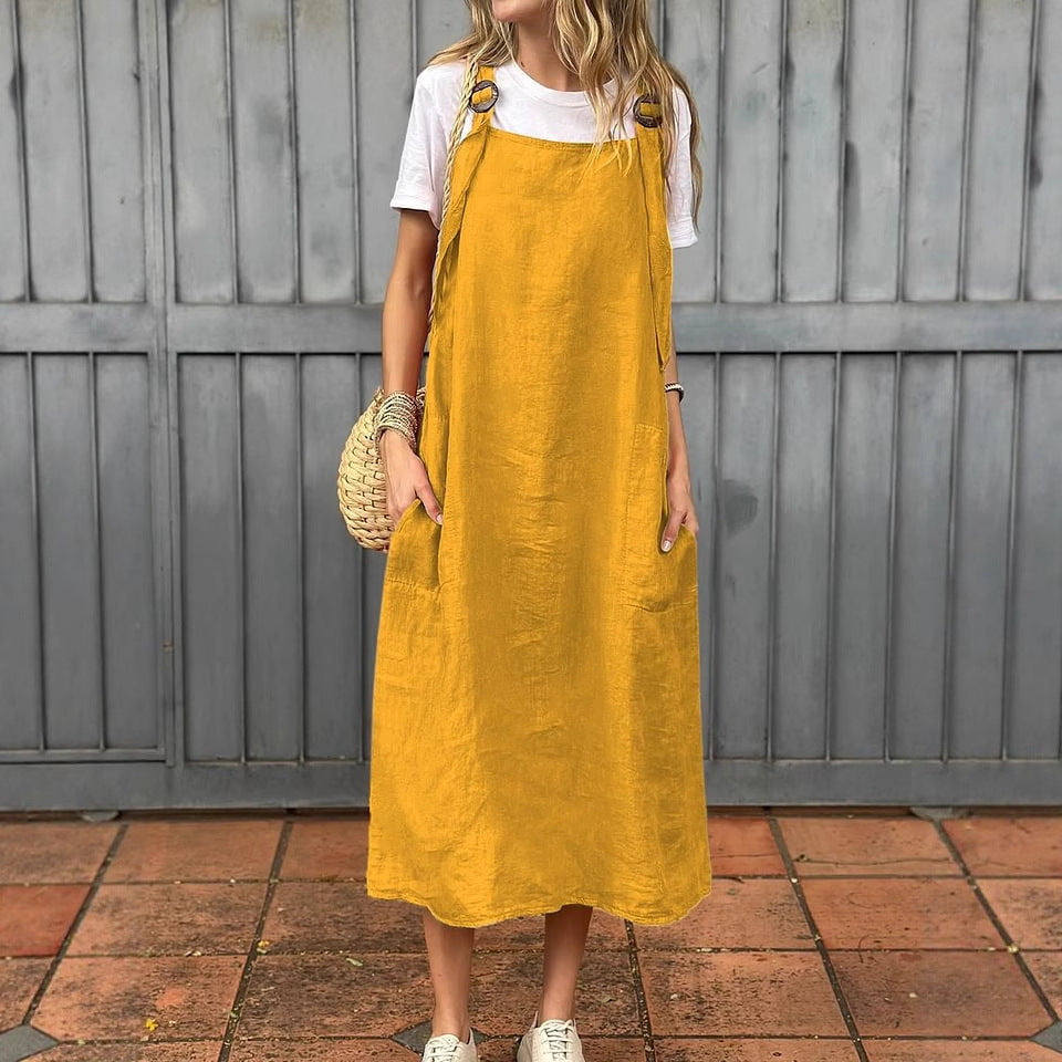 Damen Lässiges Leinenkleid mit verstellbaren Trägern und praktischen Taschen Drune