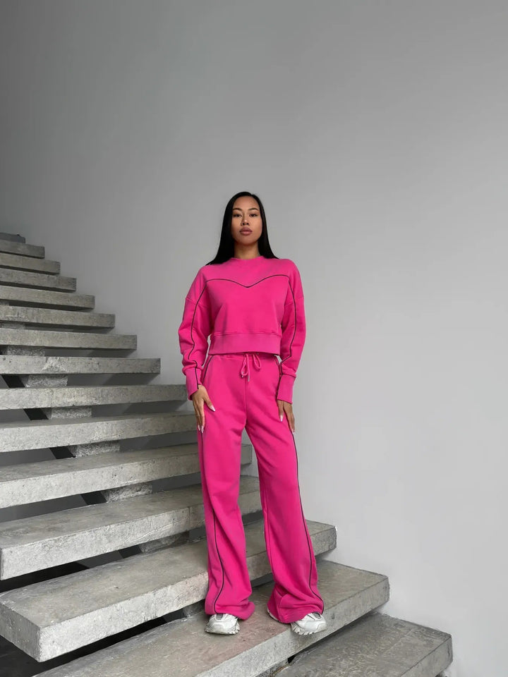 Damen kurzes Oversize-Sweatshirt mit Kordelzug-Jogginghose und Kontrastnähten Drune