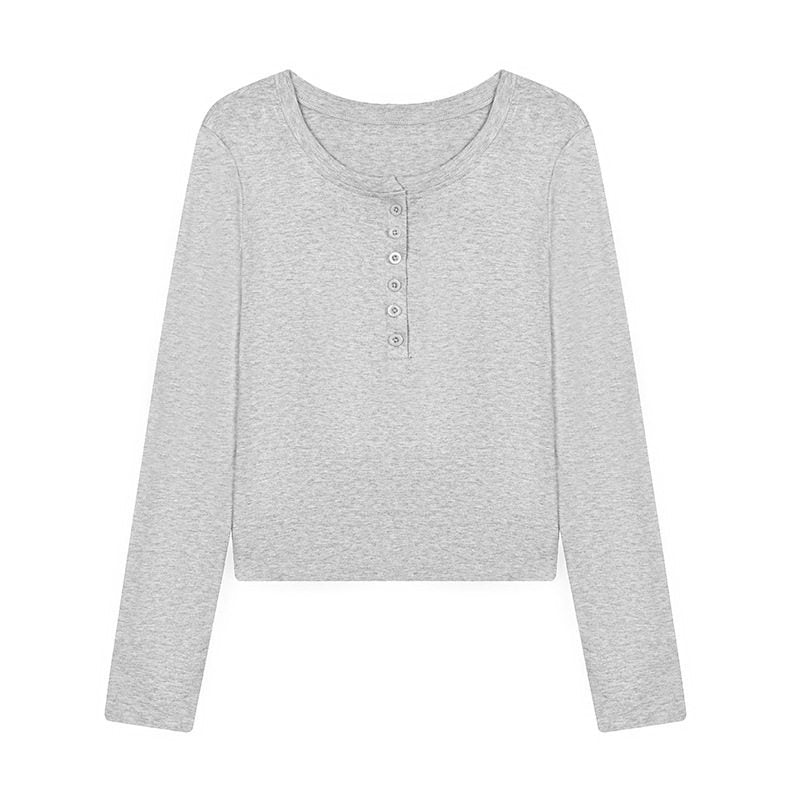 Damen Kurz geschnittenes Henley Langarmshirt aus Baumwolljersey mit Knopfleiste Drune