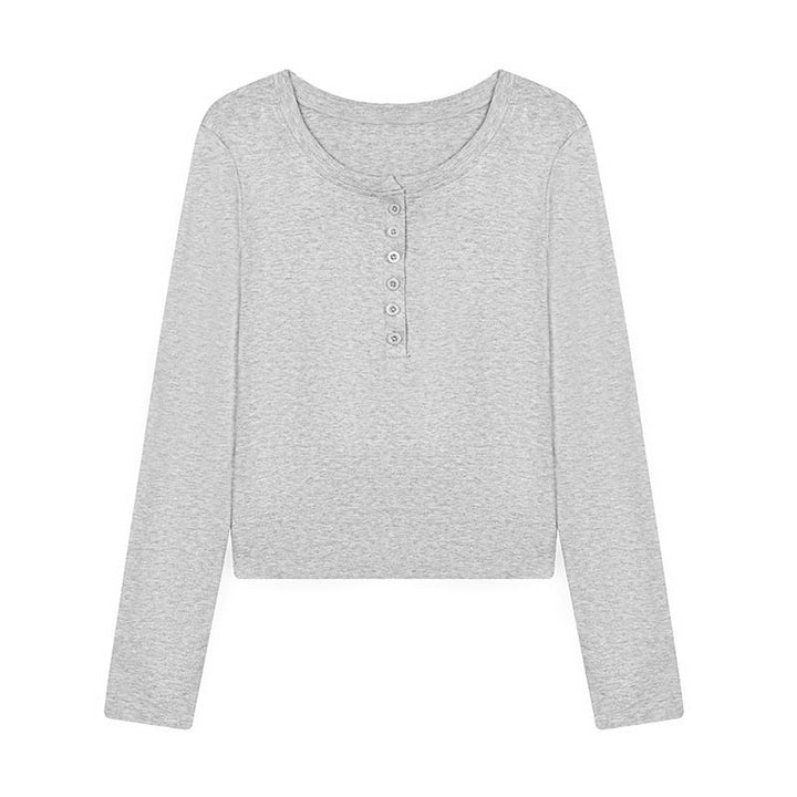 Damen Kurz geschnittenes Henley Langarmshirt aus Baumwolljersey mit Knopfleiste Drune