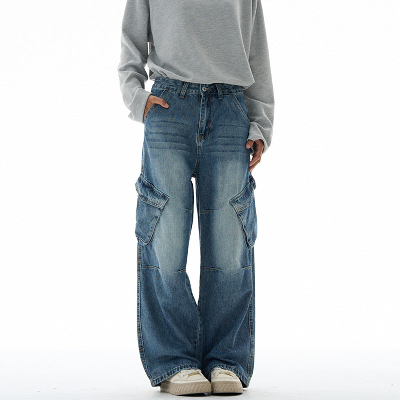Damen Hochtaillierte Utility-Denim-Palazzohose mit Kniepaneelen und großen Klappentaschen Drune