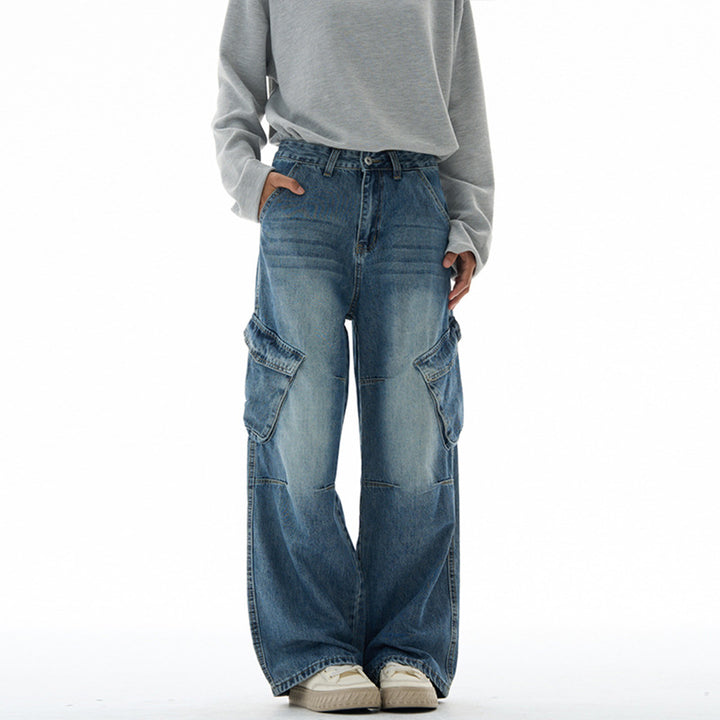 Damen Hochtaillierte Utility-Denim-Palazzohose mit Kniepaneelen und großen Klappentaschen Drune