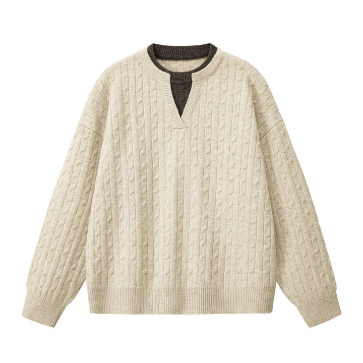 Damen Oversize Zopfstrickpullover mit hohem Rollkragen und Knopfleiste Drune