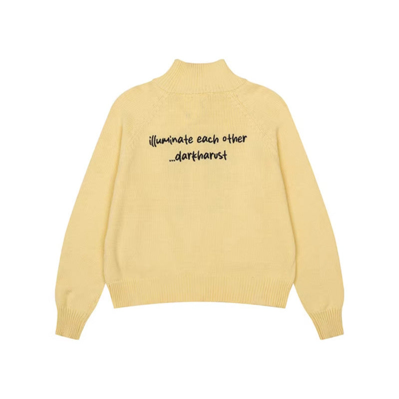Damen Grobstrick-Zipcardigan mit Stehkragen, aufgesetzten Taschen und Cartoon-Intarsie Drune