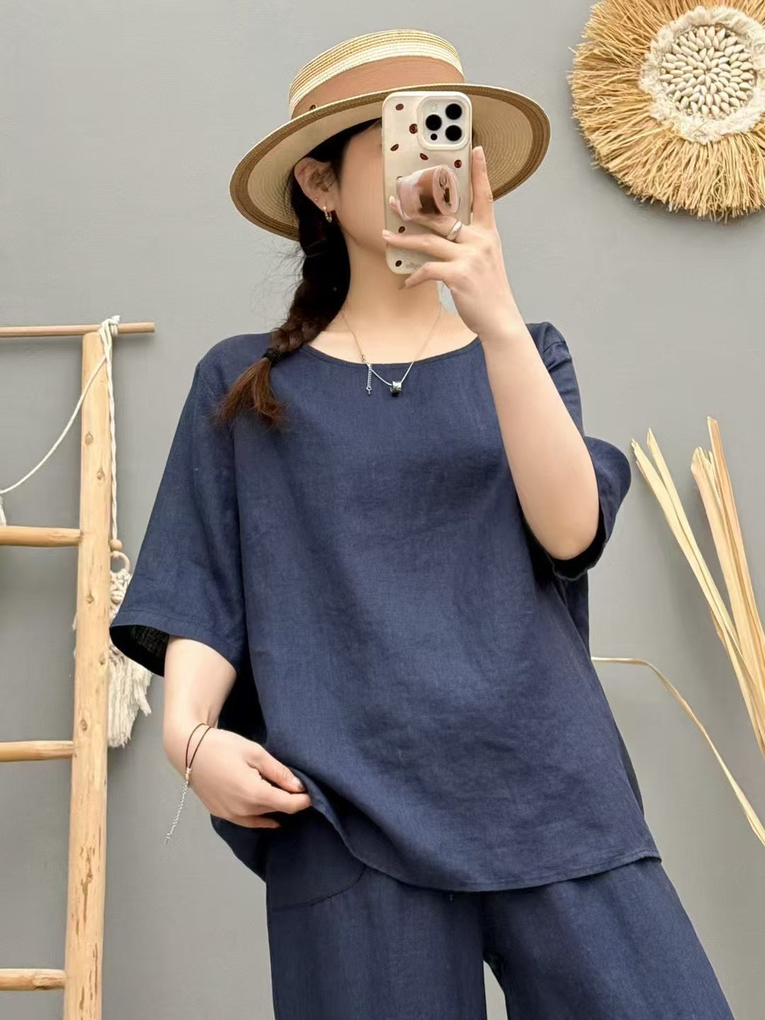 Damen Relaxed Fit Leinen Oversized Top Drune