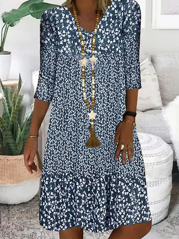 Damen Freizeit Stufen Kleid mit V-Ausschnitt und drei Viertel Ärmeln im floralen Allover-Druck Drune
