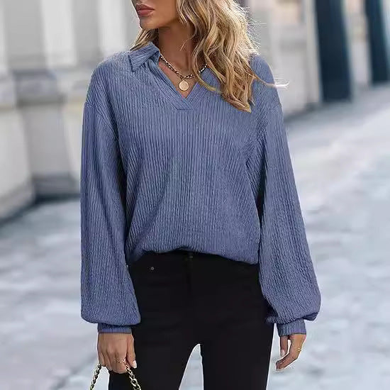 Damen Fleece-Microstruktur Pullover mit V-Ausschnitt und langen Ärmeln Drune