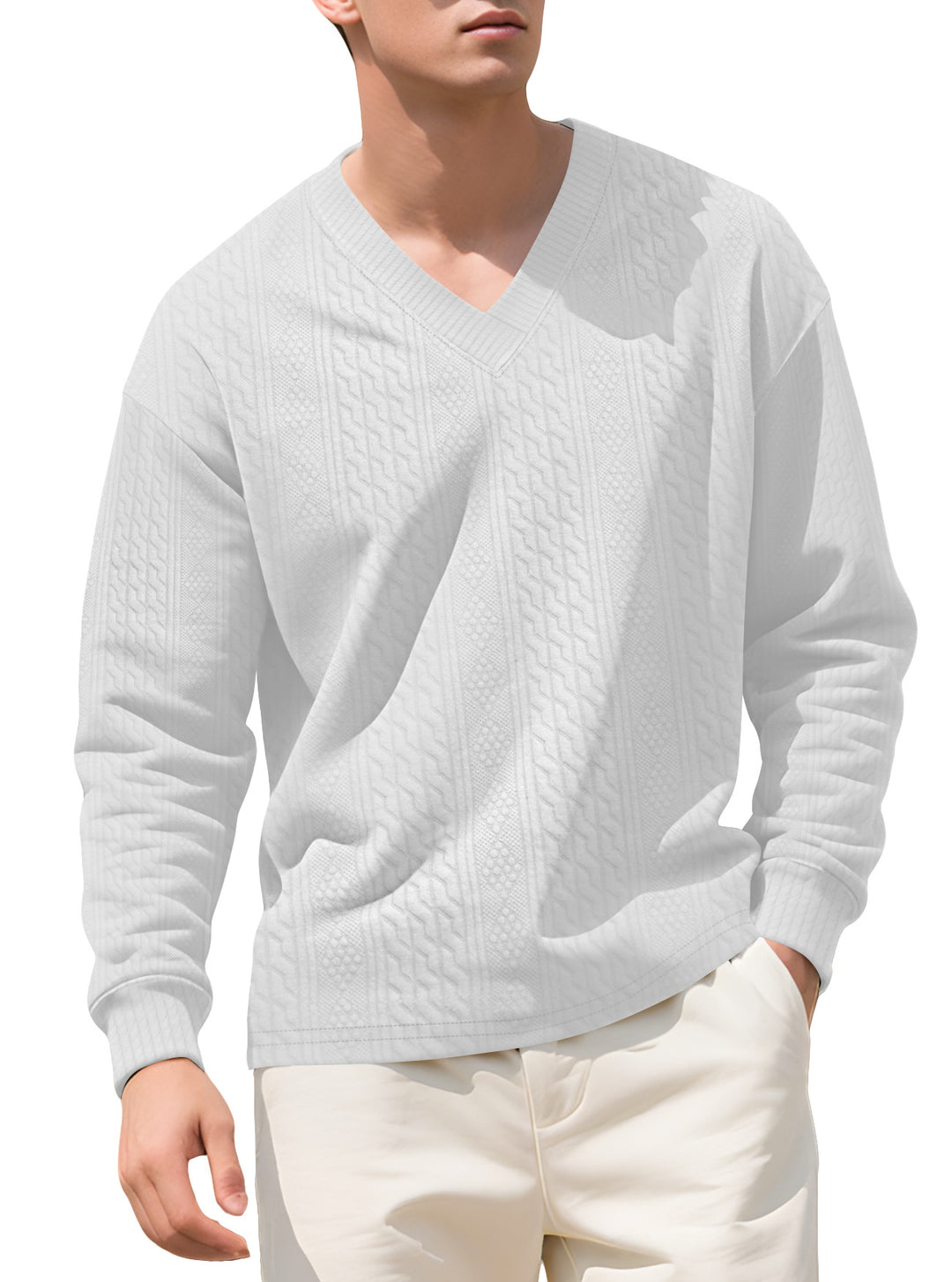 Herren nan strukturierter V-Ausschnitt Strickpullover mit Kabel- und Wabenmuster Drune