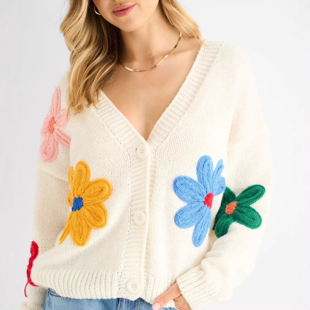Damen Cardigan mit dreidimensionalen Blumenapplikationen und V-Ausschnitt Drune