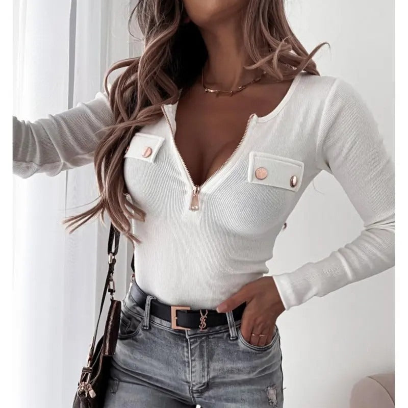 Damen Langarmshirt mit schimmerndem Reißverschluss und dekorativen Knopfdetails Drune