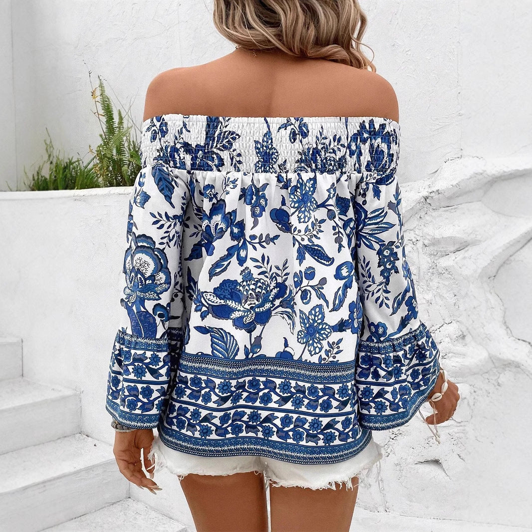 Damen Off-Shoulder Bluse mit floralem Muster und Rüschendetails Drune