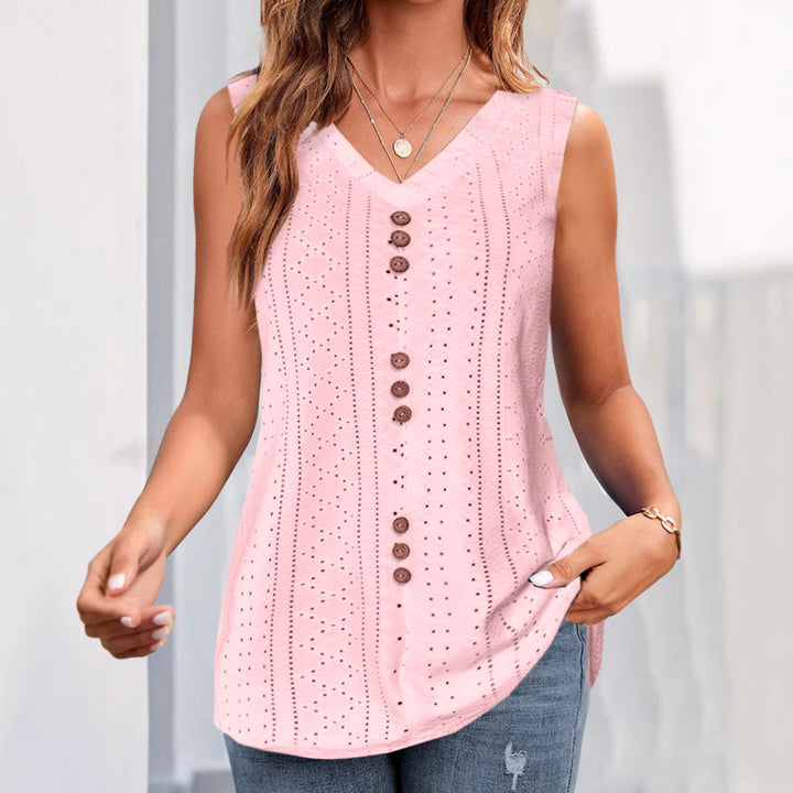 Damen nan ärmelloses Broderie-Anglaise-Top mit V-Ausschnitt und dekorativer Zierknopfleiste Drune