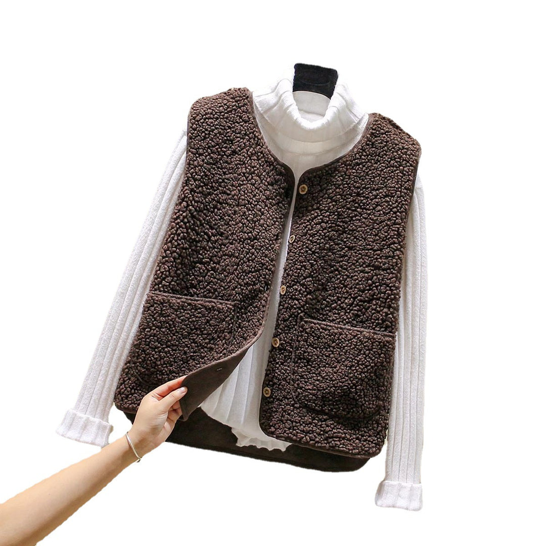 Damen Teddy-Fleece Weste mit Knopfleiste und Aufgesetzten Taschen Drune