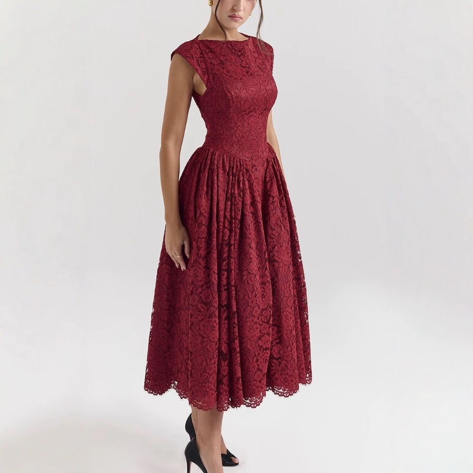 Damen Elegantes Spitzenkleid mit hochgeschlossenem Design und schwingendem Rock Drune