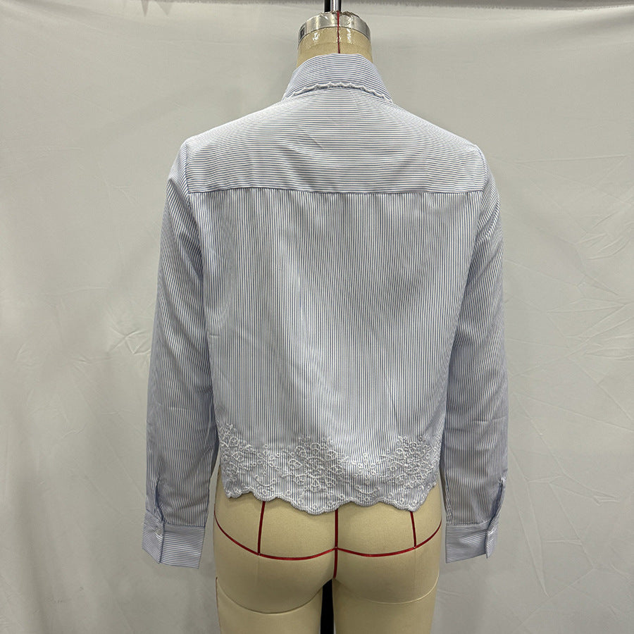 Damen nan gestreifte Hemdbluse mit Spitzenkragen und besticktem Wellenabschluss Drune